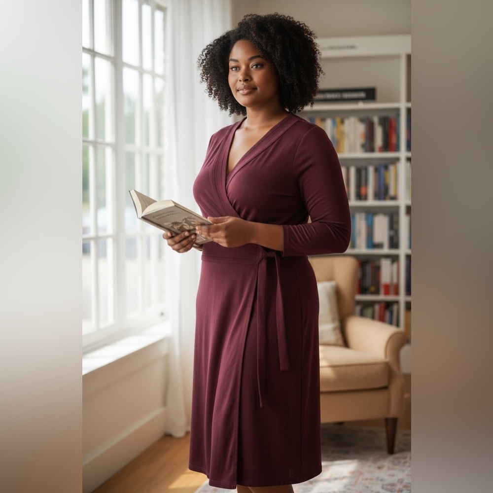 Maroon Wrap Dress - Size 14, 3/4 Sleeve, 41” Long, Adjustable Tie Waist